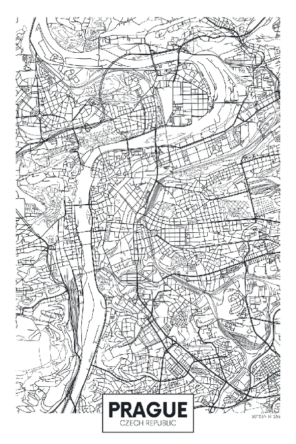 Prague City in Czech Republic B&W Detailed Map Print 100% Australian Made Stretched Canvas Ready to Hang - 2332