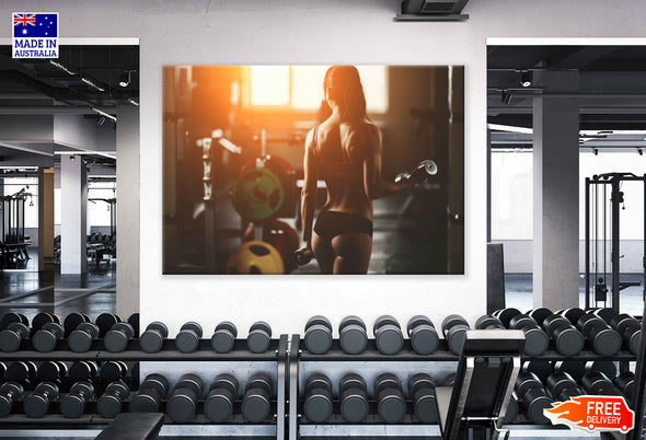 Girl Posing with Dumbells in Gym Sunset Photograph Print 100% Australian Made Stretched Canvas Ready to Hang - 2233