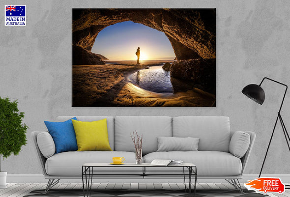 Beach View From Cave Sunset Print 100% Australian Made Stretched Canvas Ready to Hang - 1400