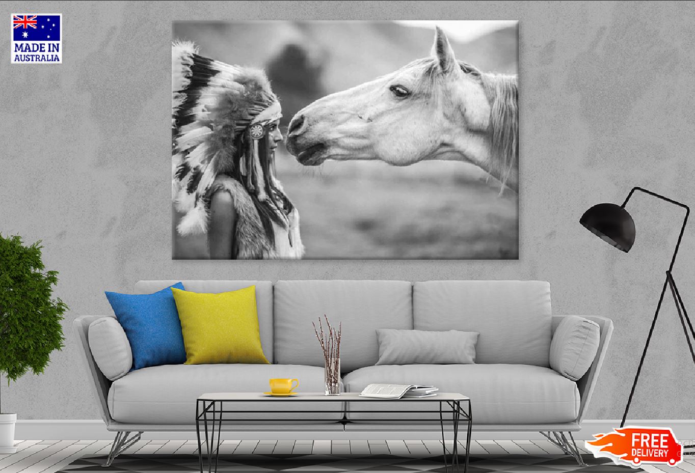 Girl Feather Headdress with Horse B&W Photograph Print 100% Australian Made Stretched Canvas Ready to Hang - 1934