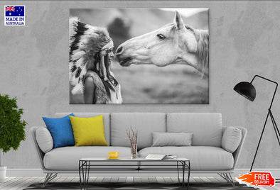 Girl Feather Headdress with Horse B&W Photograph Print 100% Australian Made Stretched Canvas Ready to Hang - 1934