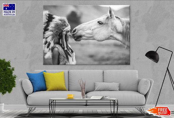 Girl Feather Headdress with Horse B&W Photograph Print 100% Australian Made Stretched Canvas Ready to Hang - 1934