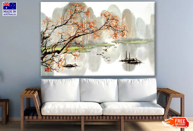 Tree & City View Painting Print 100% Australian Made Stretched Canvas Ready to Hang - 1002