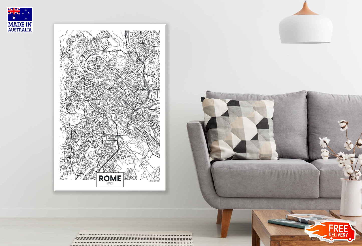 Rome City in Italy B&W Detailed Map Print 100% Australian Made Stretched Canvas Ready to Hang - 2333