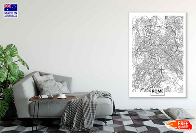 Rome City in Italy B&W Detailed Map Print 100% Australian Made Stretched Canvas Ready to Hang - 2333