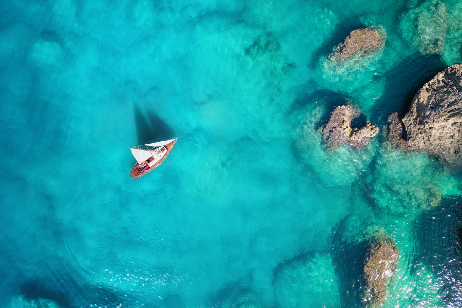 Yacht on the Sea Aerial View Photograph Print 100% Australian Made Stretched Canvas Ready to Hang - 1401