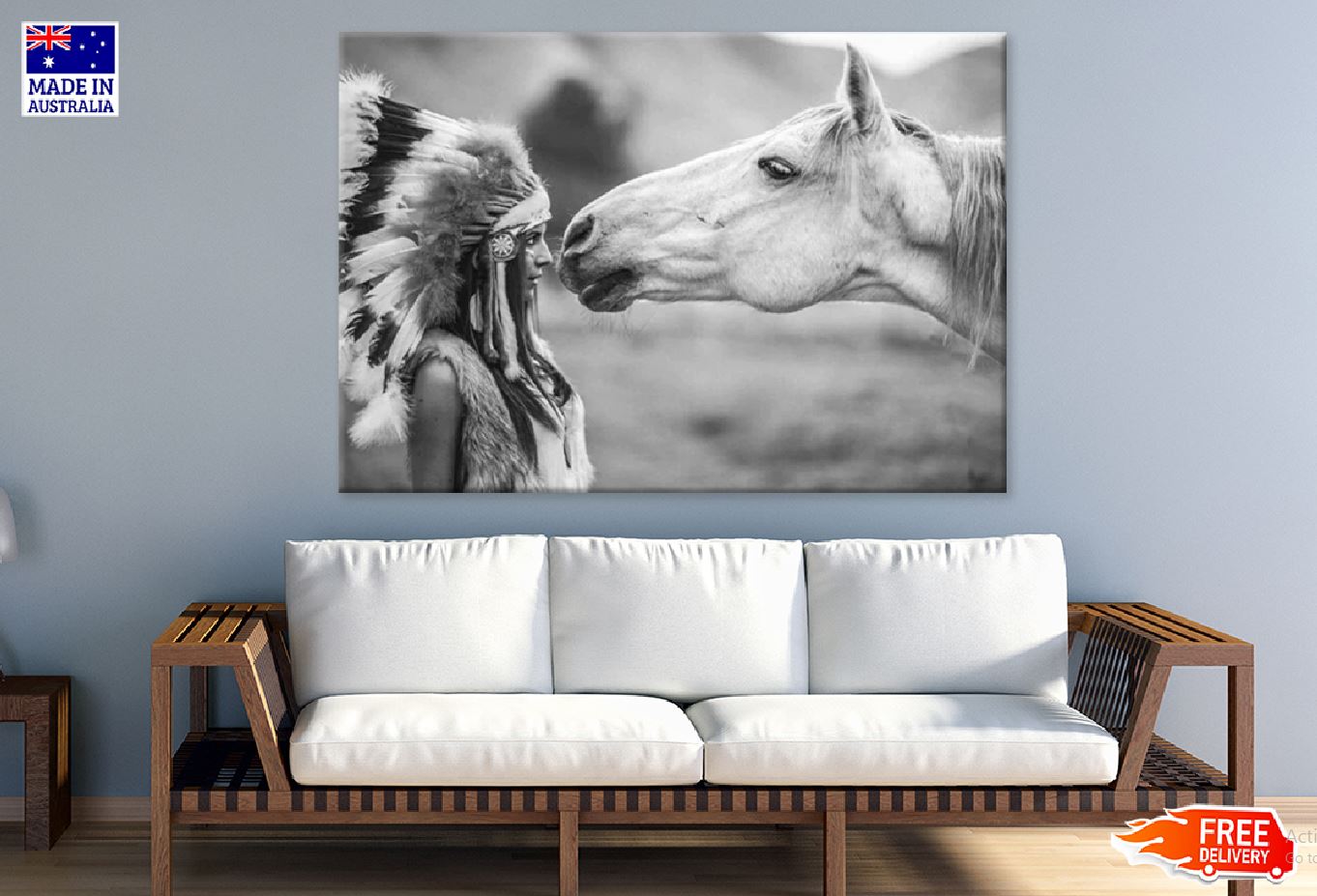 Girl Feather Headdress with Horse B&W Photograph Print 100% Australian Made Stretched Canvas Ready to Hang - 1934