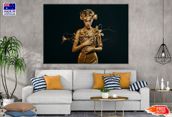 Golden Skin Girl Holds a Branch Print 100% Australian Made Stretched Canvas Ready to Hang - 1339