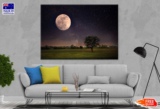 Lonely Tree & Night Moon View Print 100% Australian Made Stretched Canvas Ready to Hang - 1732