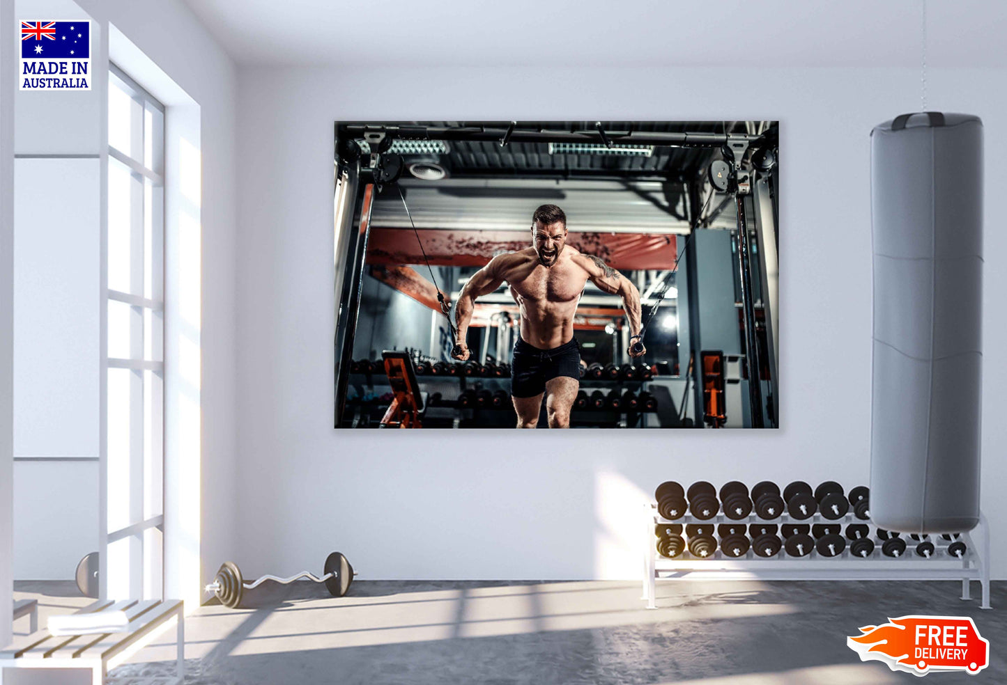 Muscular Man Workout in Gym Photograph Print 100% Australian Made Stretched Canvas Ready to Hang - 2235