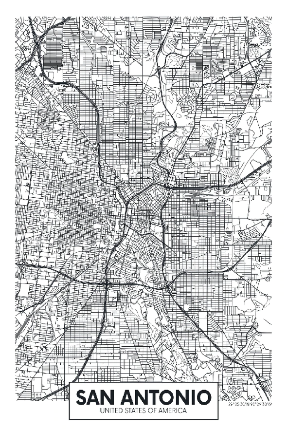 San Antonio City in USA B&W Detailed Map Print 100% Australian Made Stretched Canvas Ready to Hang - 2334