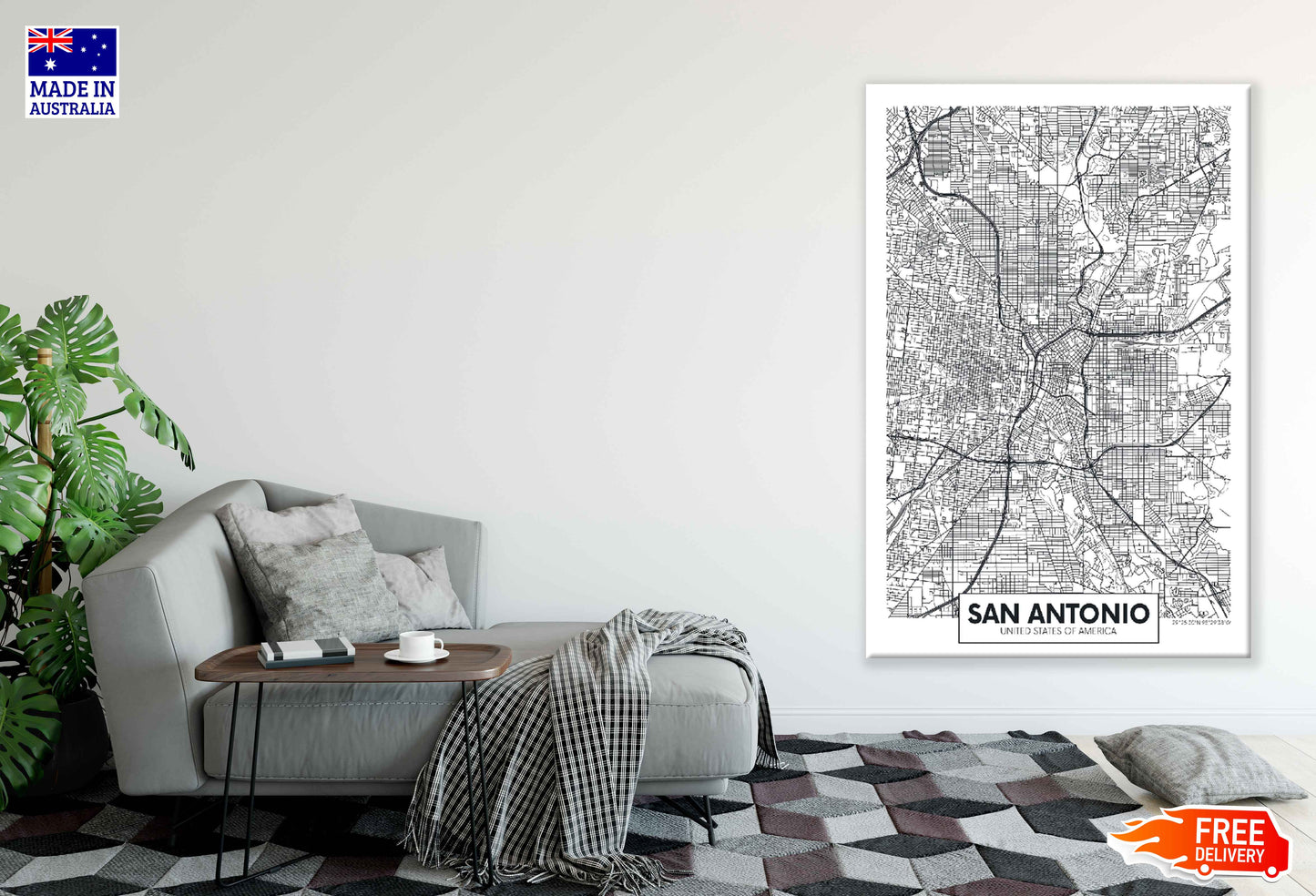 San Antonio City in USA B&W Detailed Map Print 100% Australian Made Stretched Canvas Ready to Hang - 2334