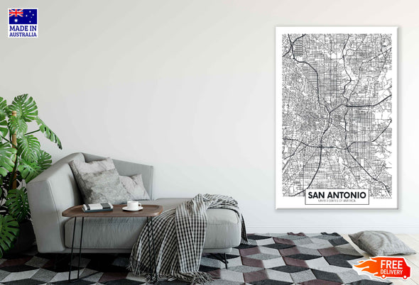 San Antonio City in USA B&W Detailed Map Print 100% Australian Made Stretched Canvas Ready to Hang - 2334