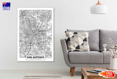 San Antonio City in USA B&W Detailed Map Print 100% Australian Made Stretched Canvas Ready to Hang - 2334