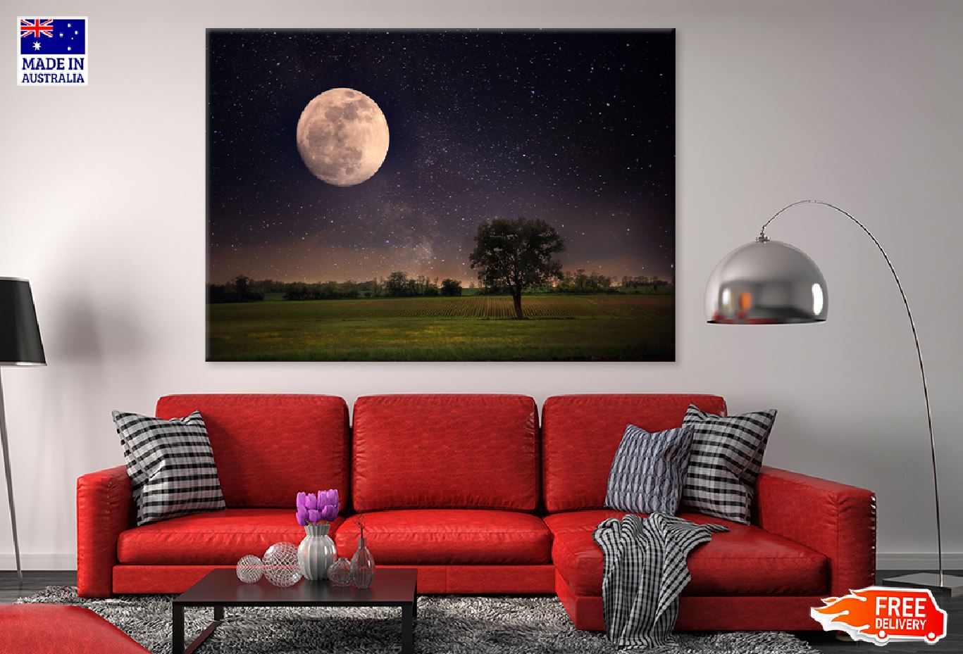 Lonely Tree & Night Moon View Print 100% Australian Made Stretched Canvas Ready to Hang - 1732