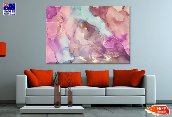 Pink Blue & Gold Fluid Abstract Print 100% Australian Made Stretched Canvas Ready to Hang - 1155