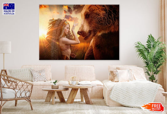 Girl With Headdress & Bear Sunset Digital Art Design Print 100% Australian Made Stretched Canvas Ready to Hang - 1936