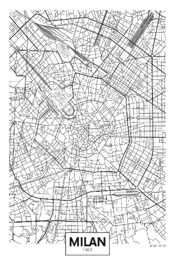 Milan City in Italy B&W Detailed Map Print 100% Australian Made Stretched Canvas Ready to Hang - 2335