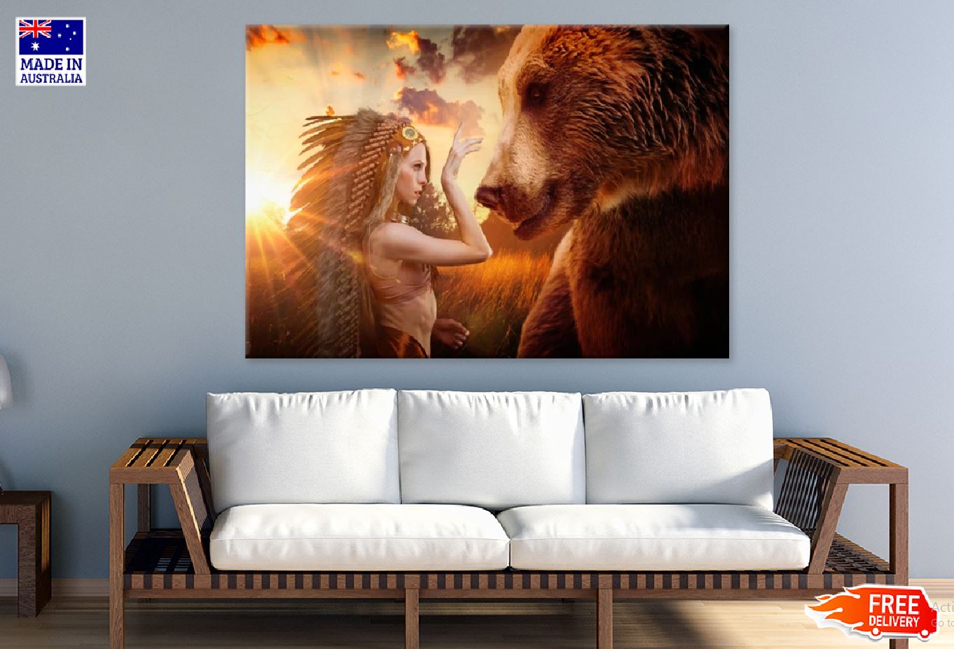 Girl With Headdress & Bear Sunset Digital Art Design Print 100% Australian Made Stretched Canvas Ready to Hang - 1936