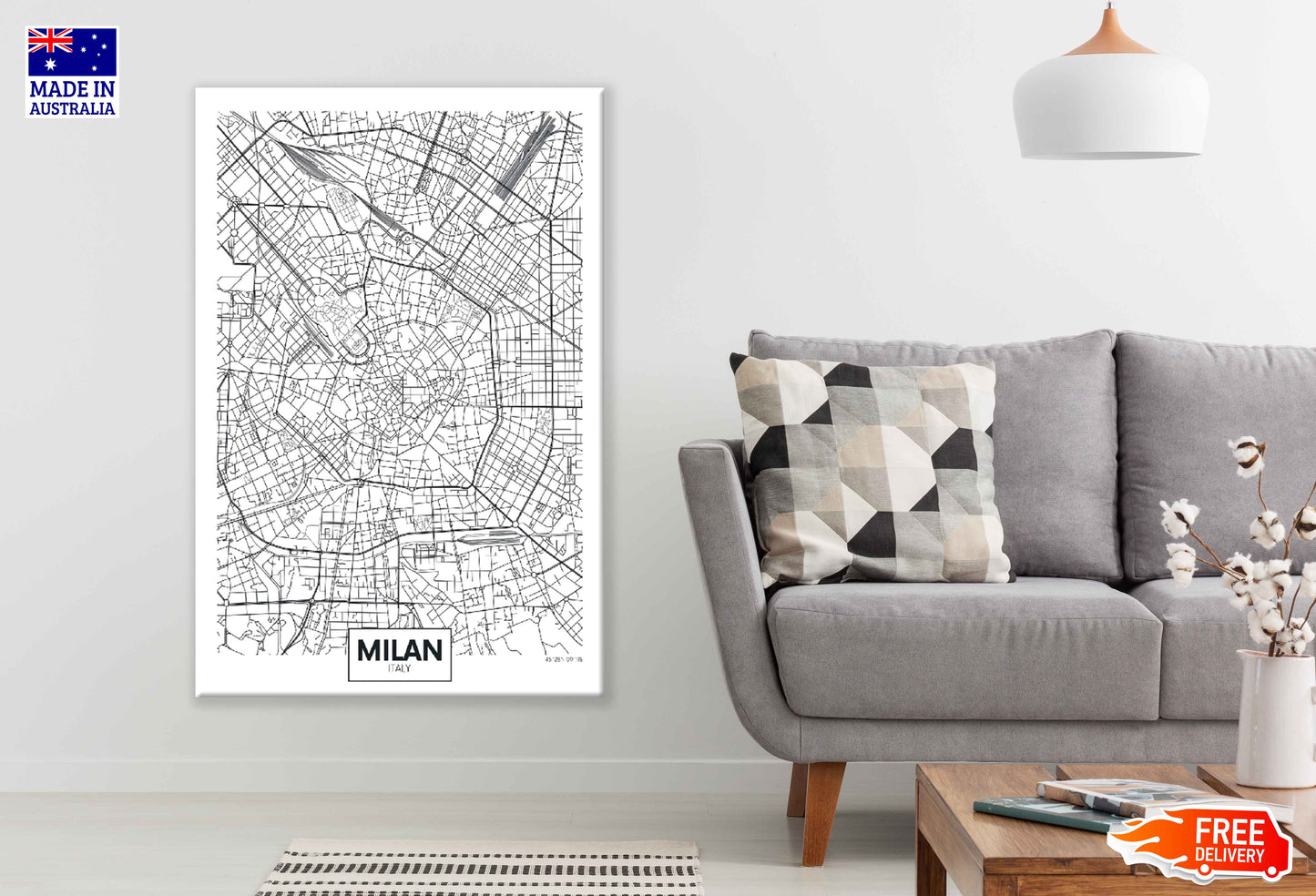 Milan City in Italy B&W Detailed Map Print 100% Australian Made Stretched Canvas Ready to Hang - 2335