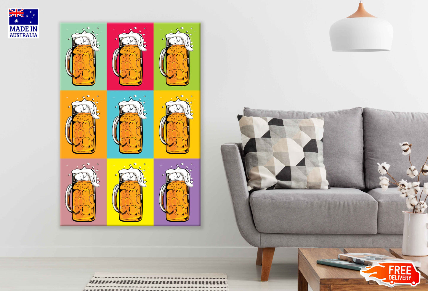 Colorful Beer Mugs Collage Illustration Pop Arts & Comic Poster Print 100% Australian Made Stretched Canvas Ready to Hang - 2136