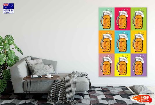 Colorful Beer Mugs Collage Illustration Pop Arts & Comic Poster Print 100% Australian Made Stretched Canvas Ready to Hang - 2136