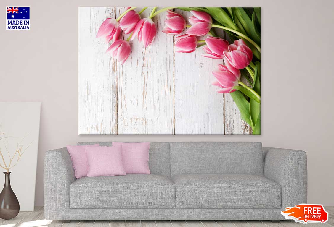 Pink Tulips On Wooden Table View Print 100% Australian Made Stretched Canvas Ready to Hang - 1604