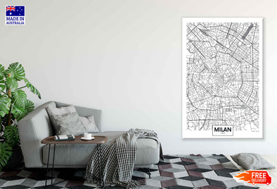 Milan City in Italy B&W Detailed Map Print 100% Australian Made Stretched Canvas Ready to Hang - 2335