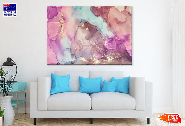 Pink Blue & Gold Fluid Abstract Print 100% Australian Made Stretched Canvas Ready to Hang - 1155