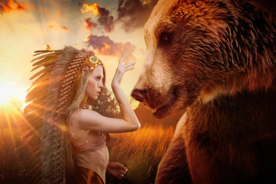 Girl With Headdress & Bear Sunset Digital Art Design Print 100% Australian Made Stretched Canvas Ready to Hang - 1936