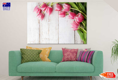 Pink Tulips On Wooden Table View Print 100% Australian Made Stretched Canvas Ready to Hang - 1604