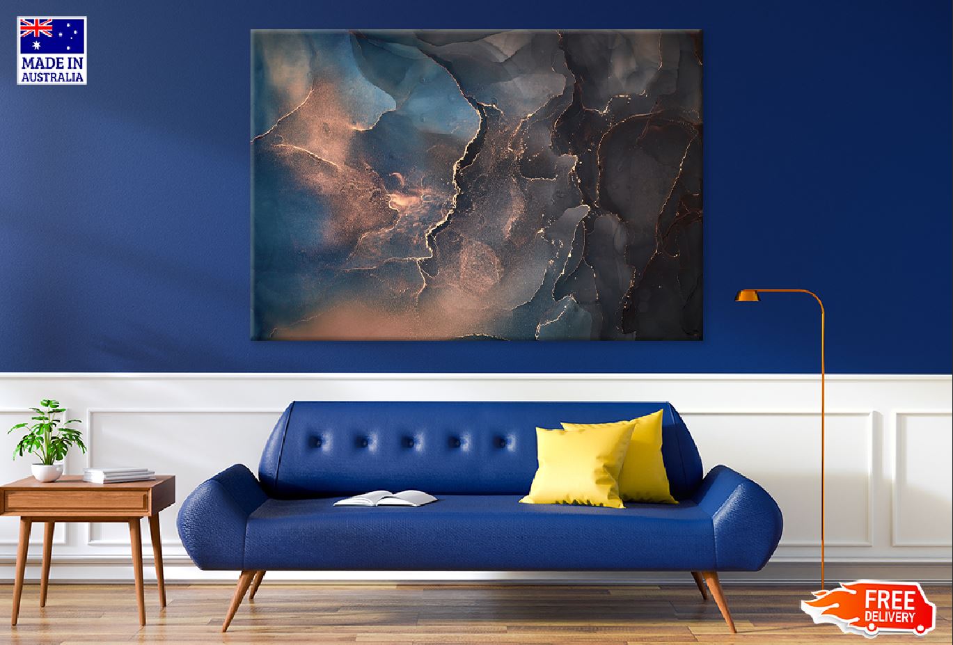 Blue Black & Gold Abstract Design Print 100% Australian Made Stretched Canvas Ready to Hang - 1156