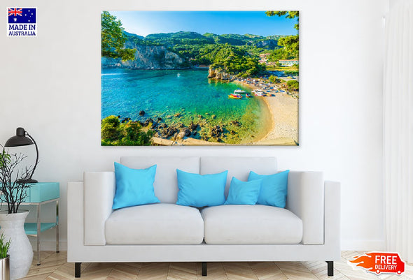 Beach in Paleokastritsa Greece Print 100% Australian Made Stretched Canvas Ready to Hang - 1404