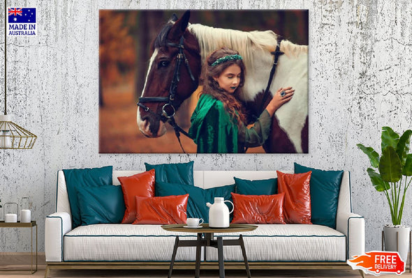 Green Headdress Girl with Horse Photograph Print 100% Australian Made Stretched Canvas Ready to Hang - 1937