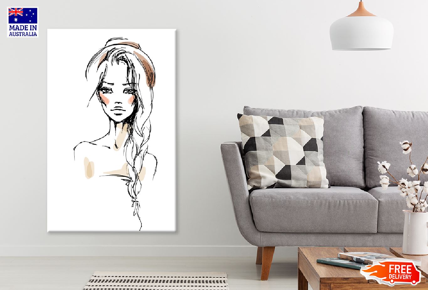 Young Woman in a Hat Illustration Print 100% Australian Made Stretched Canvas Ready to Hang - 1341