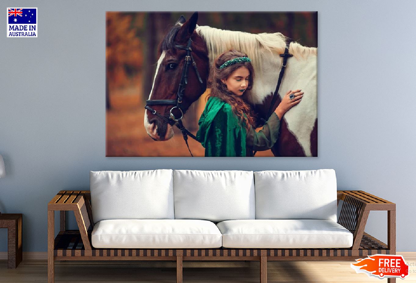 Green Headdress Girl with Horse Photograph Print 100% Australian Made Stretched Canvas Ready to Hang - 1937