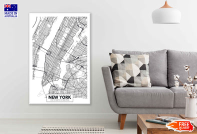 New York City in USA B&W Detailed Map Print 100% Australian Made Stretched Canvas Ready to Hang - 2336