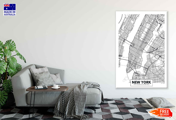 New York City in USA B&W Detailed Map Print 100% Australian Made Stretched Canvas Ready to Hang - 2336