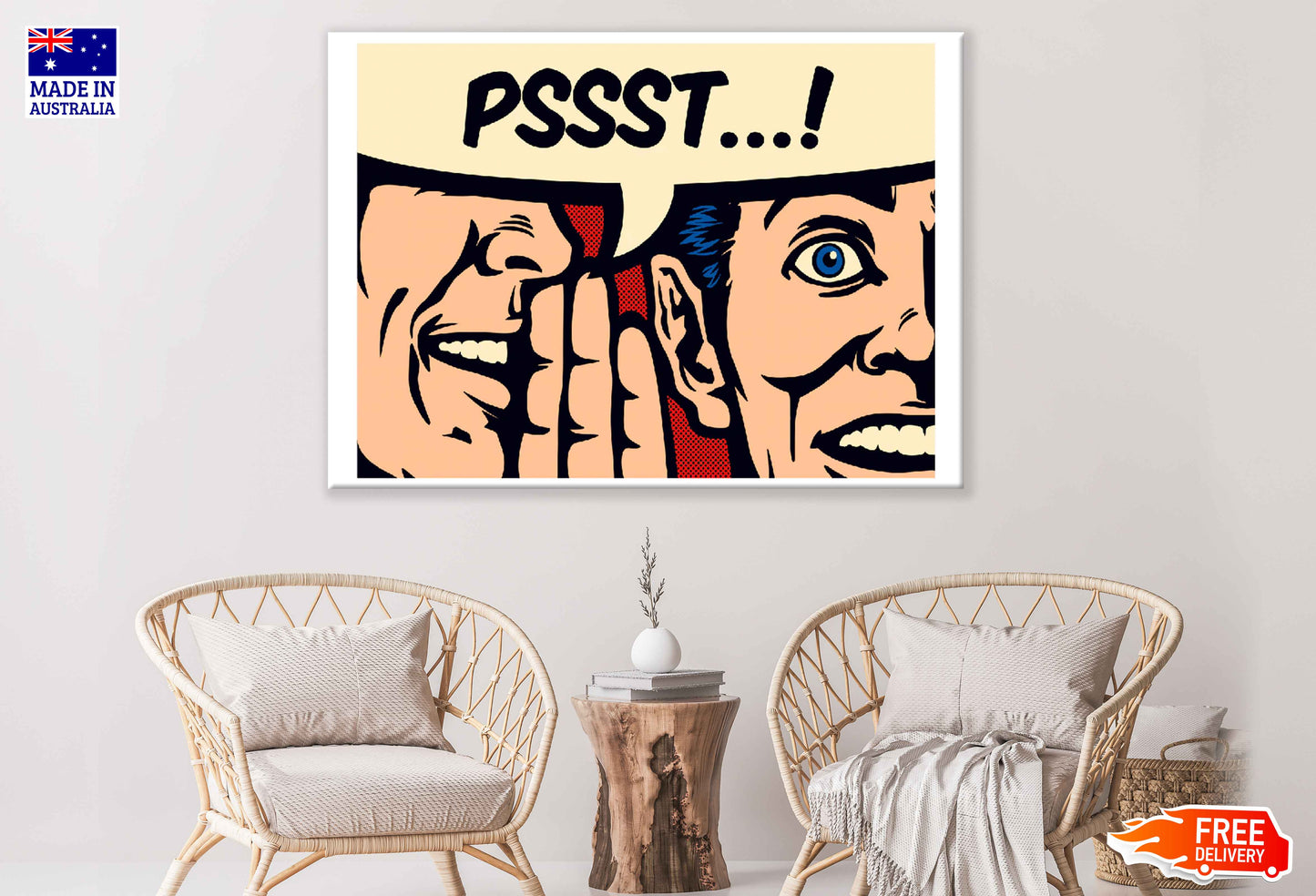 PSST Chat Bubbke & Men Whispering Illustration Pop Arts & Comic Poster Print 100% Australian Made Stretched Canvas Ready to Hang - 2137