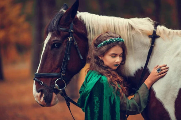 Green Headdress Girl with Horse Photograph Print 100% Australian Made Stretched Canvas Ready to Hang - 1937