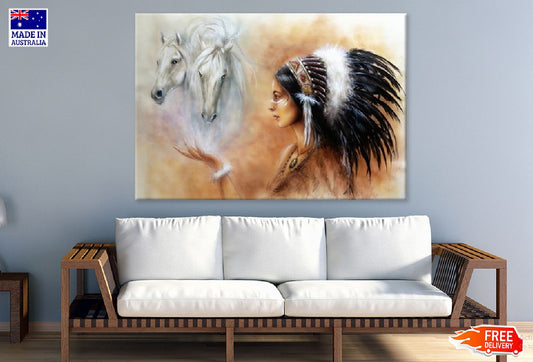 Native Headdress Girl & White Horses Watercolor Painting Print 100% Australian Made Stretched Canvas Ready to Hang - 1938