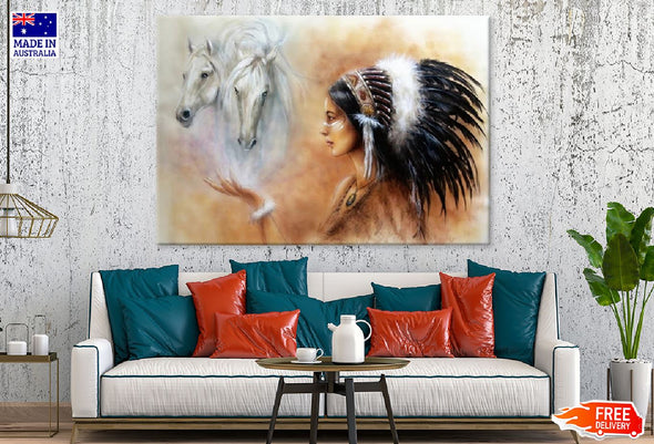 Native Headdress Girl & White Horses Watercolor Painting Print 100% Australian Made Stretched Canvas Ready to Hang - 1938