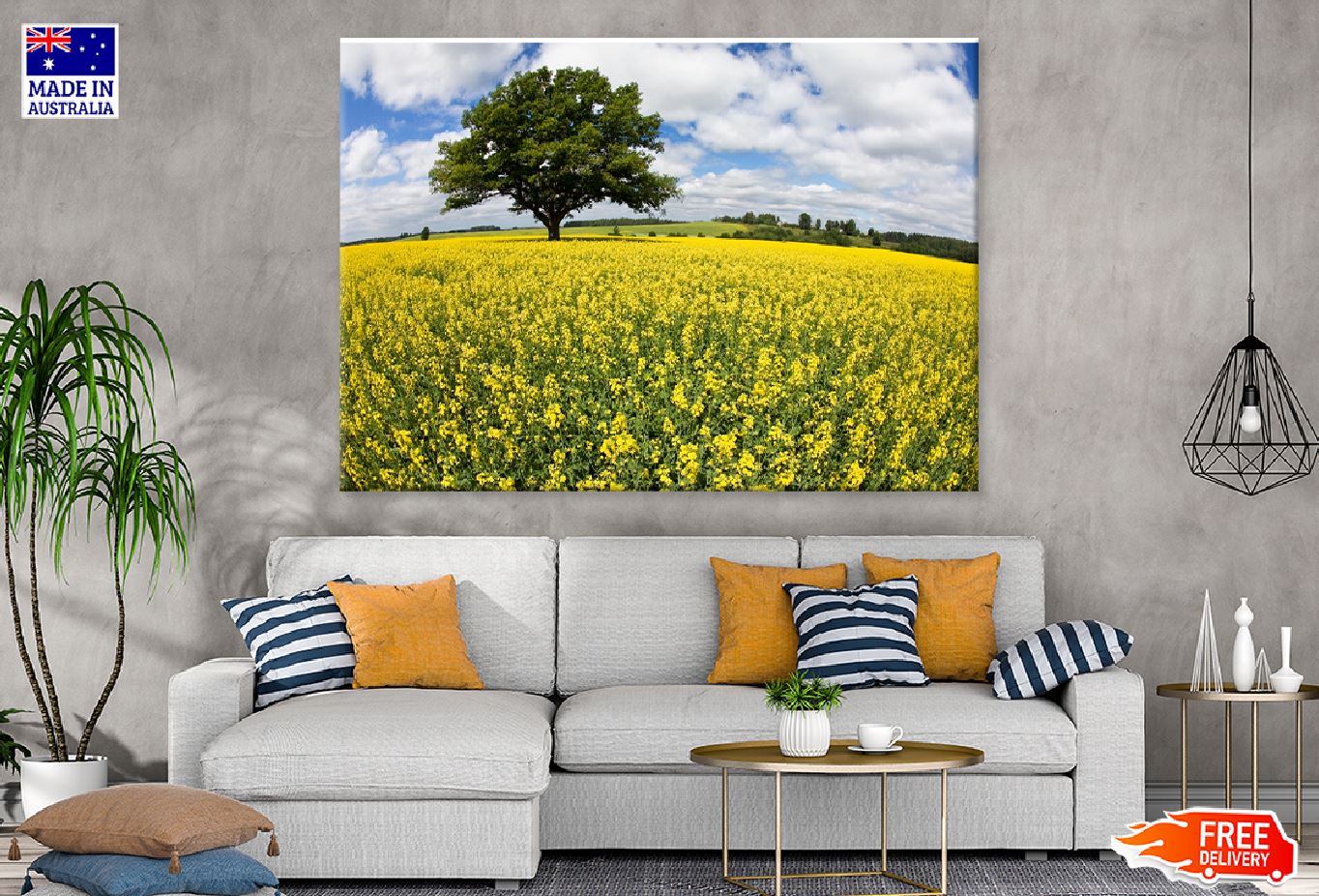 Alone Tree in Yellow Flower Field Print 100% Australian Made Stretched Canvas Ready to Hang - 1735