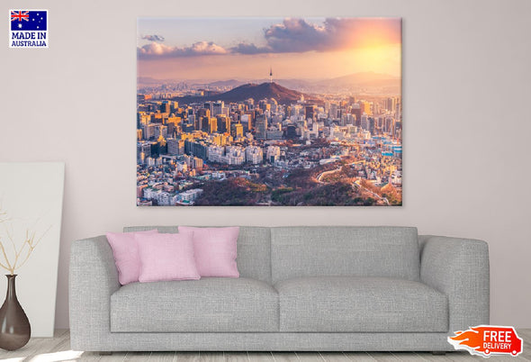 Sunset at Seoul City Skyline View Print 100% Australian Made Stretched Canvas Ready to Hang - 1506