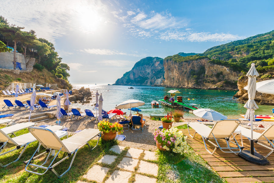 Beach in Corfu Island, Greece Print 100% Australian Made Stretched Canvas Ready to Hang - 1405