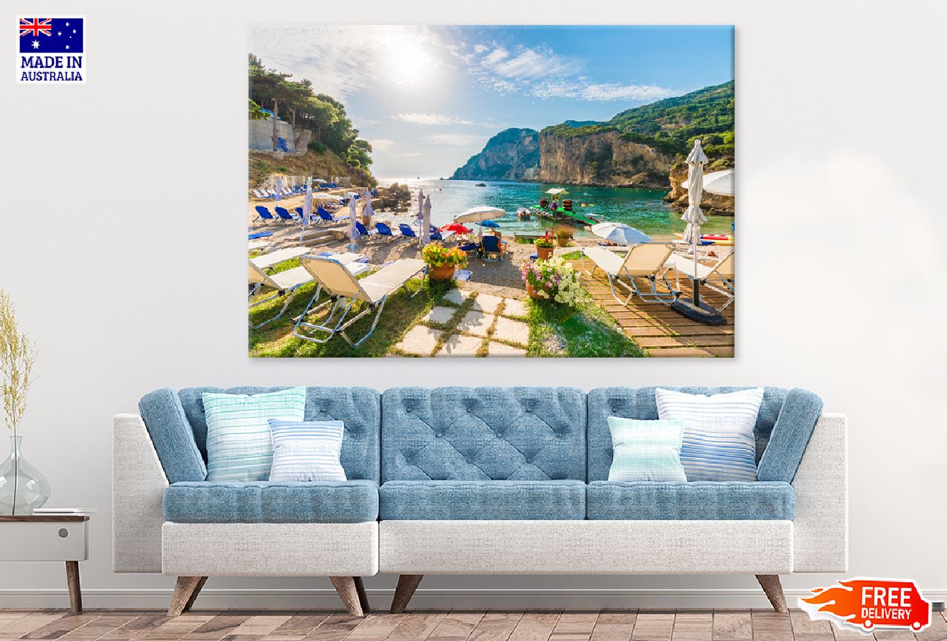 Beach in Corfu Island, Greece Print 100% Australian Made Stretched Canvas Ready to Hang - 1405