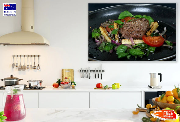 Steak Meat Meal on Pan Photograph Print 100% Australian Made Stretched Canvas Ready to Hang - 2038