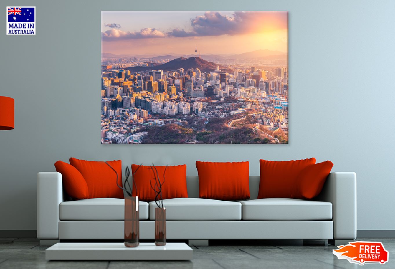 Sunset at Seoul City Skyline View Print 100% Australian Made Stretched Canvas Ready to Hang - 1506