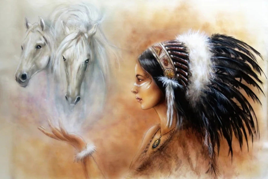 Native Headdress Girl & White Horses Watercolor Painting Print 100% Australian Made Stretched Canvas Ready to Hang - 1938