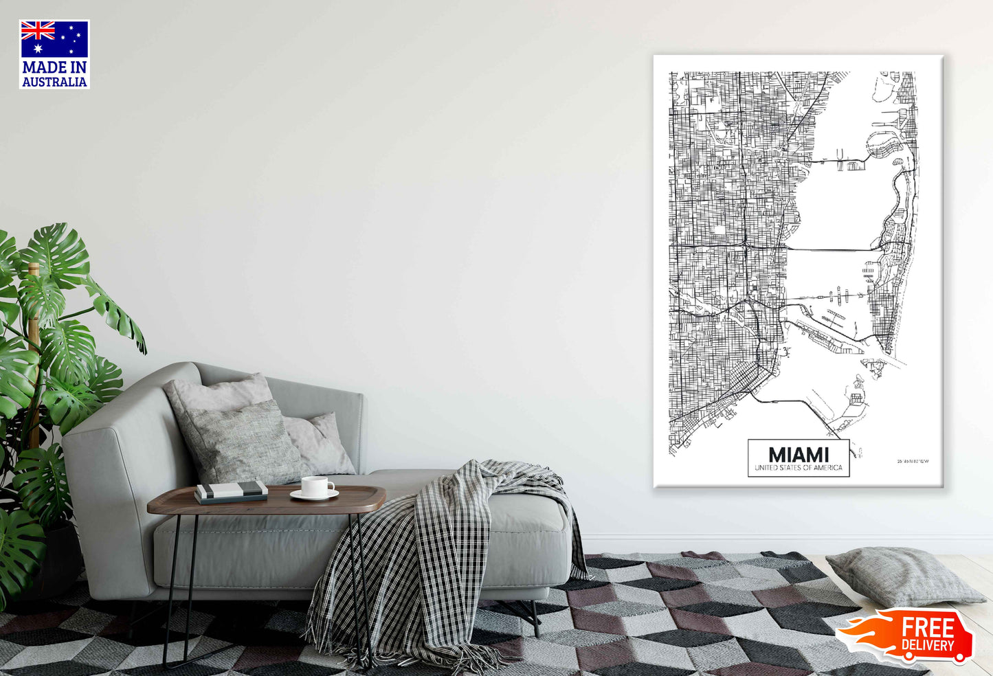 Miami City in USA B&W Detailed Map Print 100% Australian Made Stretched Canvas Ready to Hang - 2337